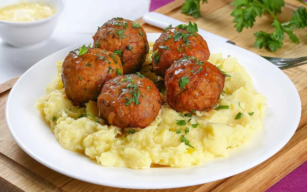 Moldovan Food - Mashed Potatoes and Meatballs