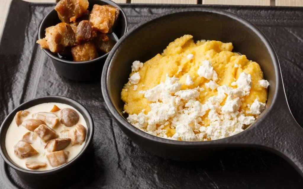 Ukrainian food - polenta or kulesha on a table in a bowl served with cheese and side dishes.