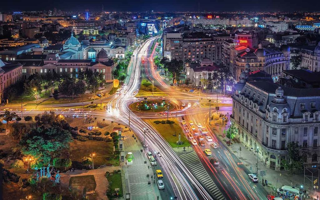 Vista aerea della piazza dell'Università di Bucarest, Romania