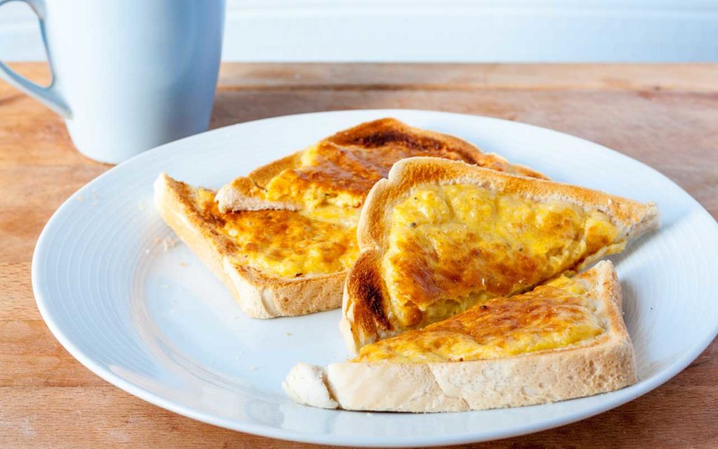 Welsh food: Welsh rarebit on a white plate