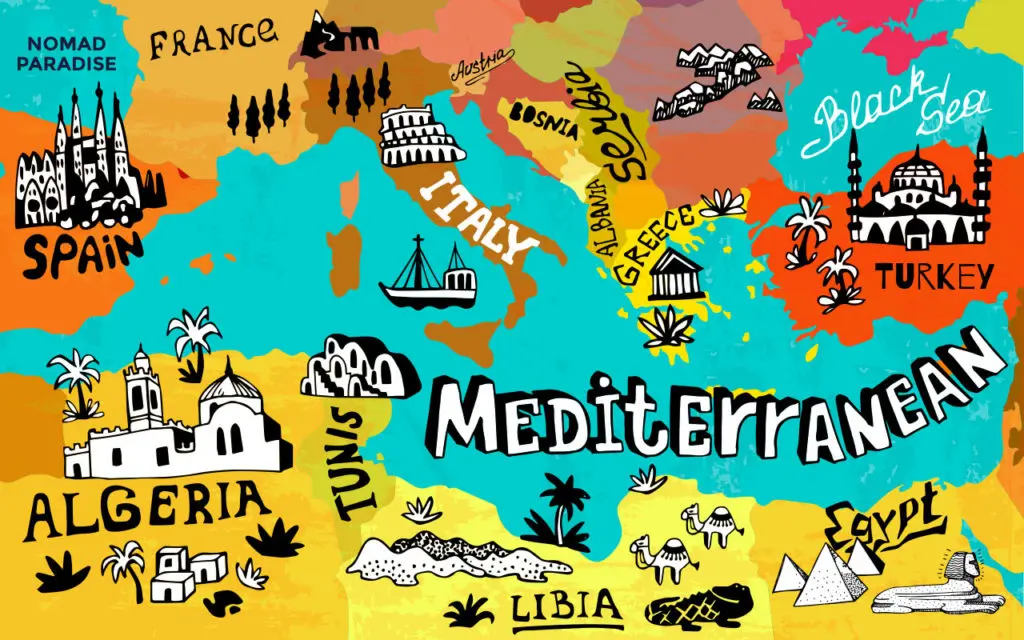 Mediterranean food map showing the regions and countries that are considered part of the Mediterranean cuisine