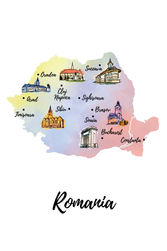 Romania and Romanian cities illustrated map