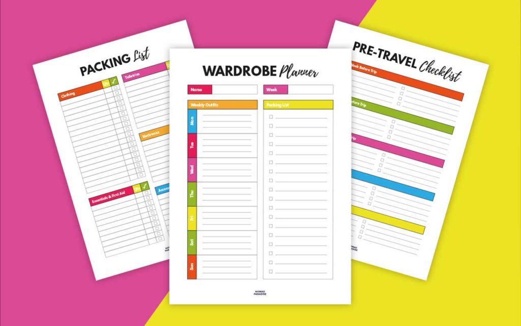 Travel Binder Pages (Packing List, Wardrobe Planner, Pre-Travel Checklist)