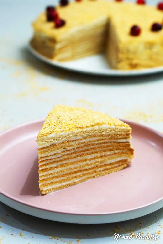 Russian Honey Cake (Medovik) slice with visible layers side view