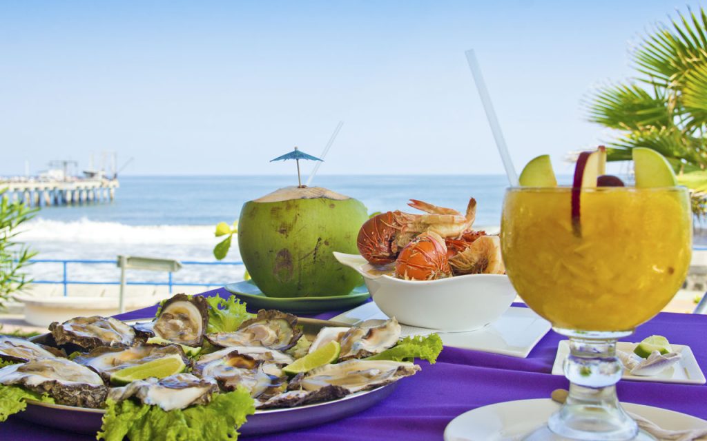 Seafood on a table by the beach in El Salvador.