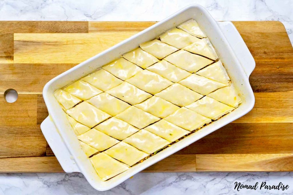 baklava assembly step-by-step: cut into diamond-shaped pieces