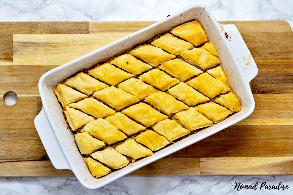 Baked baklava fresh out of the oven
