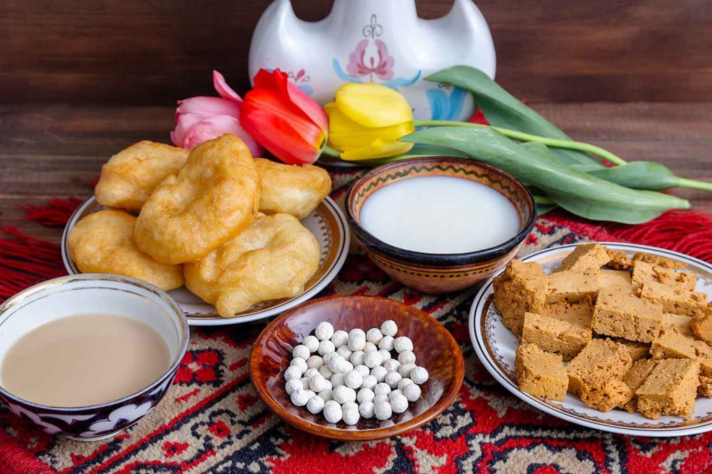 Assortment of Kazakh foods and national dishes