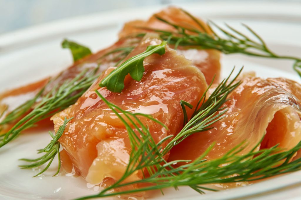 Graavilohi (Cured Salmon) with dill on top.