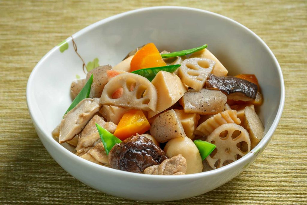 Pork Belly Stewed w/ Simmered Dish Vegetables | Daikon Radish (mushroom soaking liquid)