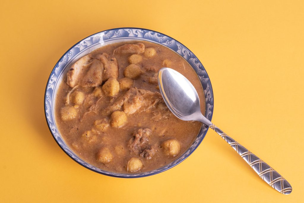 A bowl of Vorí-Vorí (Dumpling, Cheese, and Meat Soup).