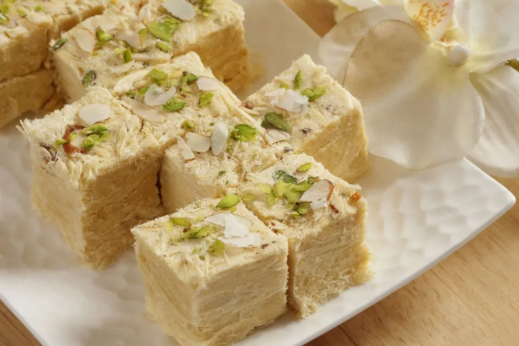 Cubes of delicious soan papdi.