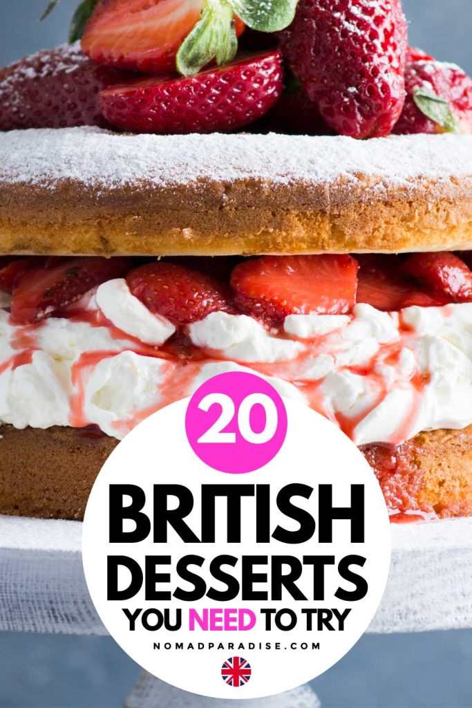20 British Desserts You Need to Try (pin featuring the Victoria sponge dessert).