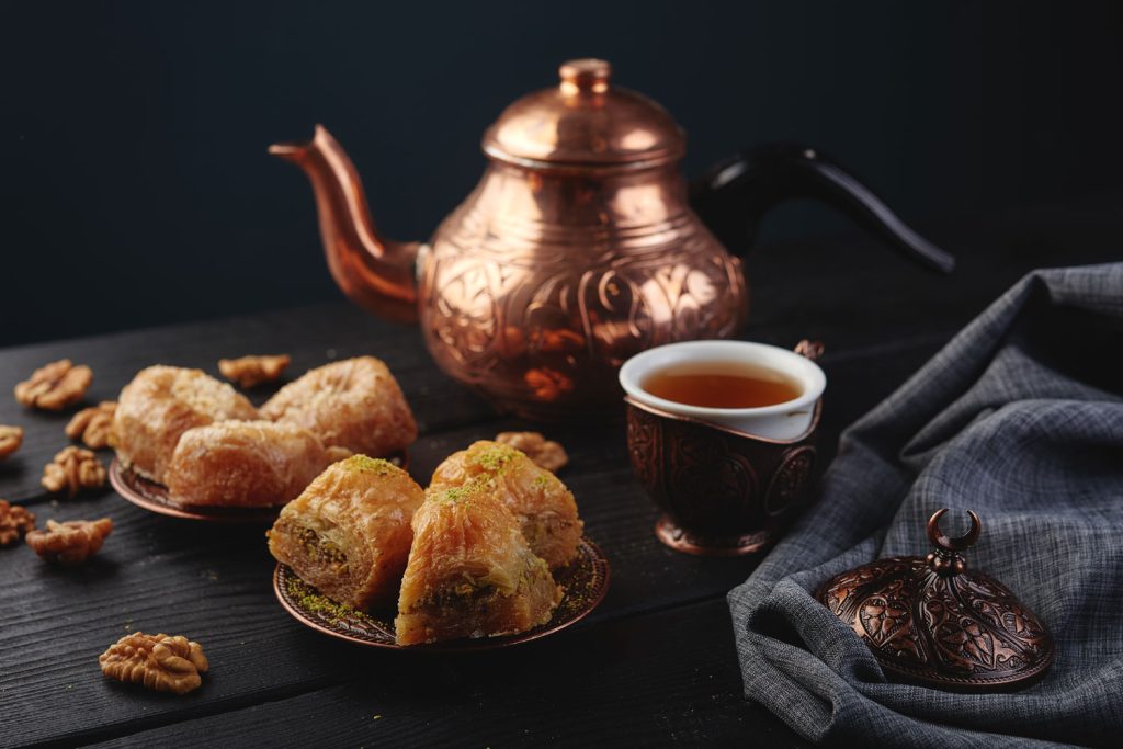 Baklava served with traditional tea.