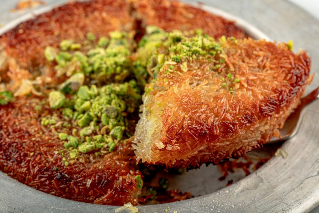 Kadayıf (Angel’s Hair Dessert) with pistachio crumb on top.