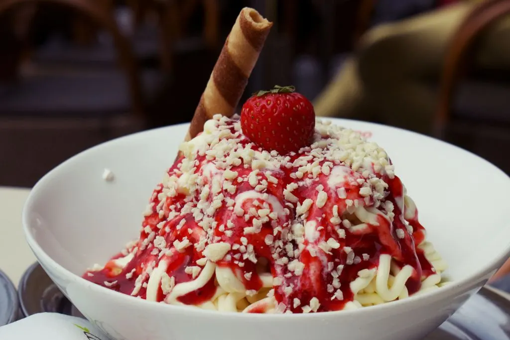 Spaghetti Ice Cream with strawberries.