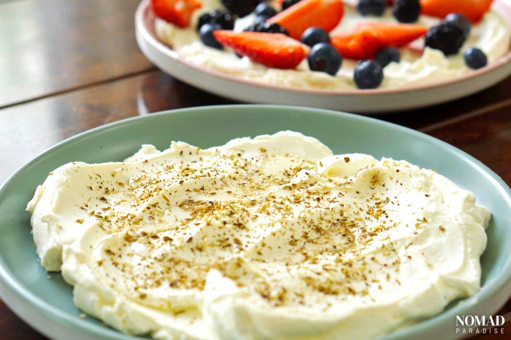 Labneh with oregano and labneh with fruit.