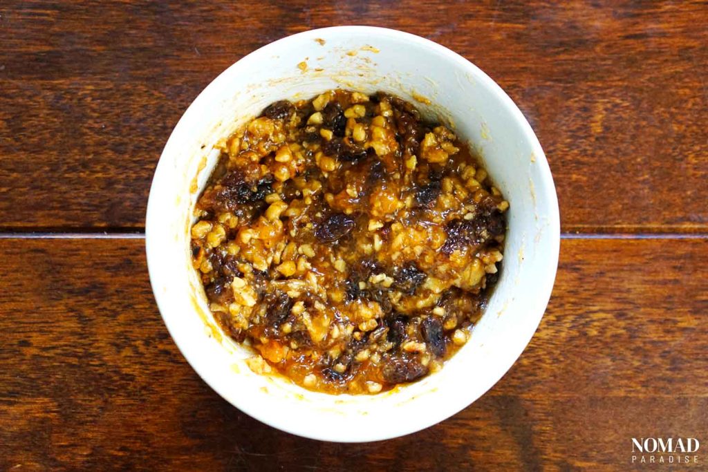 Butter-sugar-cinnamon paste mixed with raisins and chopped walnuts and jam.