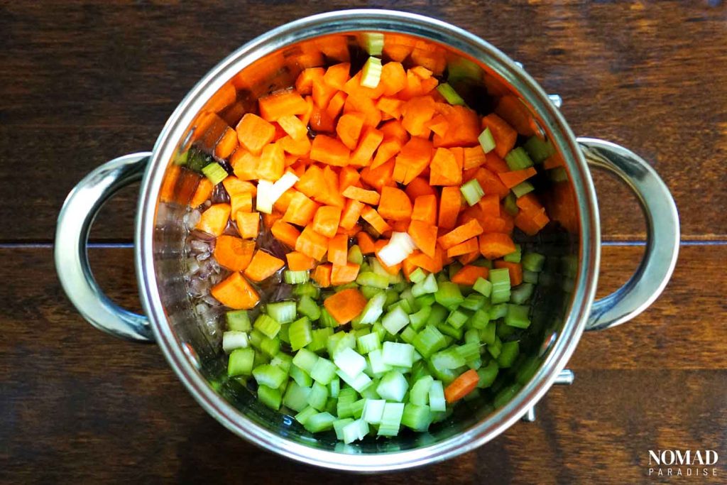 Greek Bean Soup Recipe (Fasolada) - step-by-step: adding the celery and carrots.