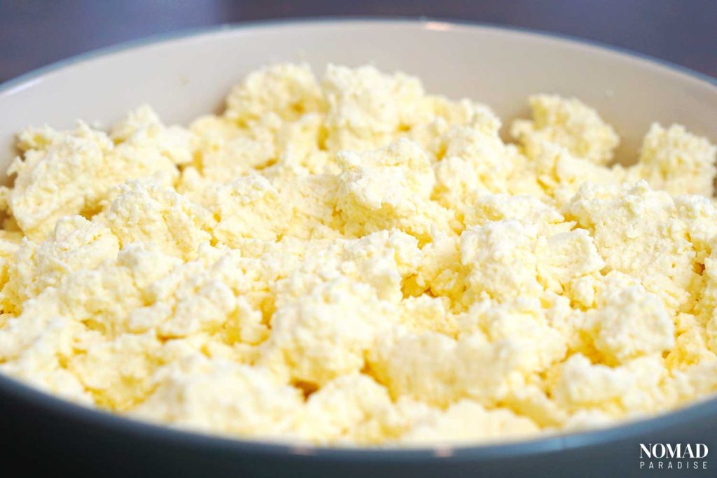 Homemade Farmer's Cheese (crumbled, in a large bowl).