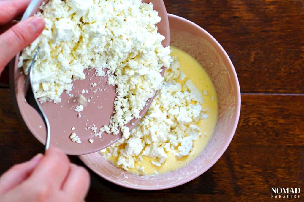 Banitsa Recipe Step by Step (adding the feta cheese).