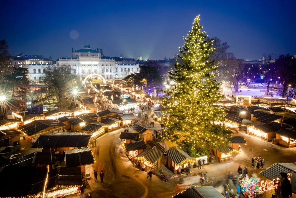 Christmas Market in Vienna - aerial view.