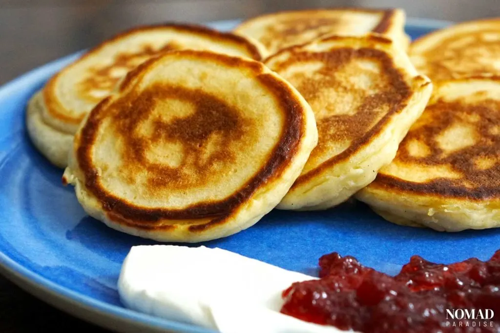 Oladky (Оладки) – Kefir Pancakes served on a plate.