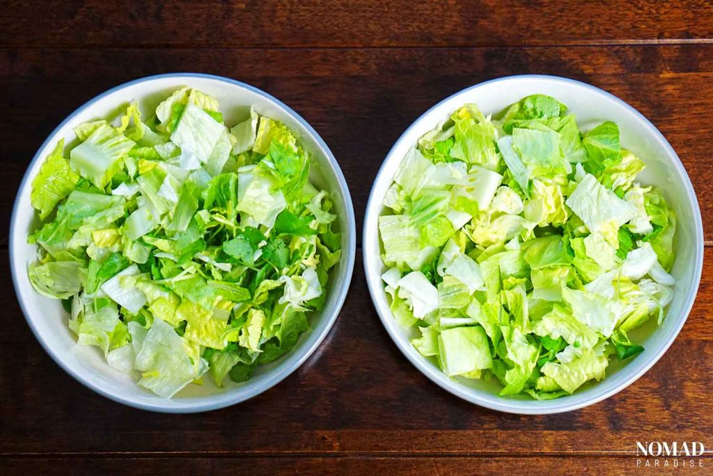 Cobb salad step-by-step (salad greens in two large bowls).