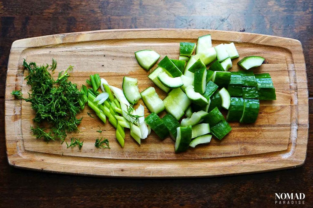 Benedictine spread step-by-step (chopped cucumber, dill and green onion).