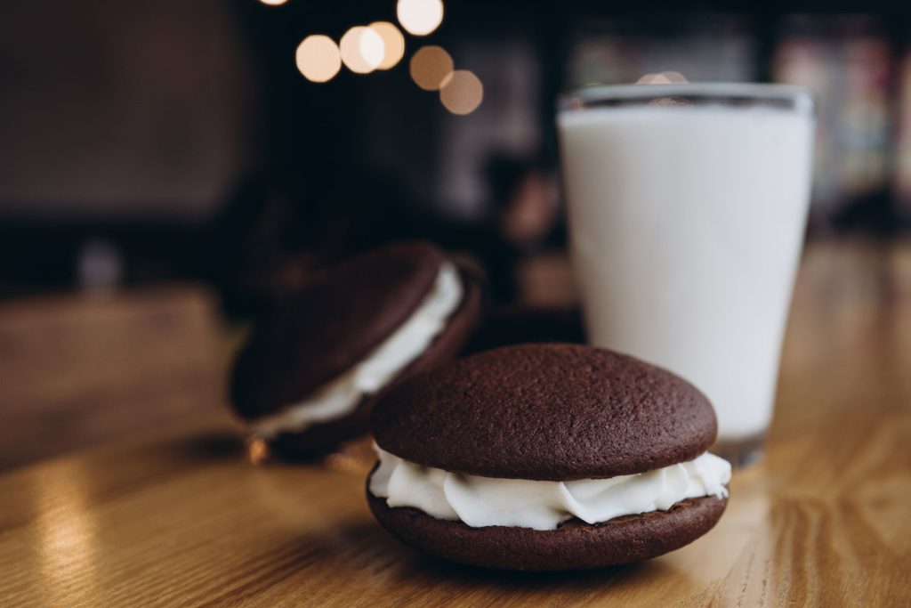 Whoopie pies with a glass of milk