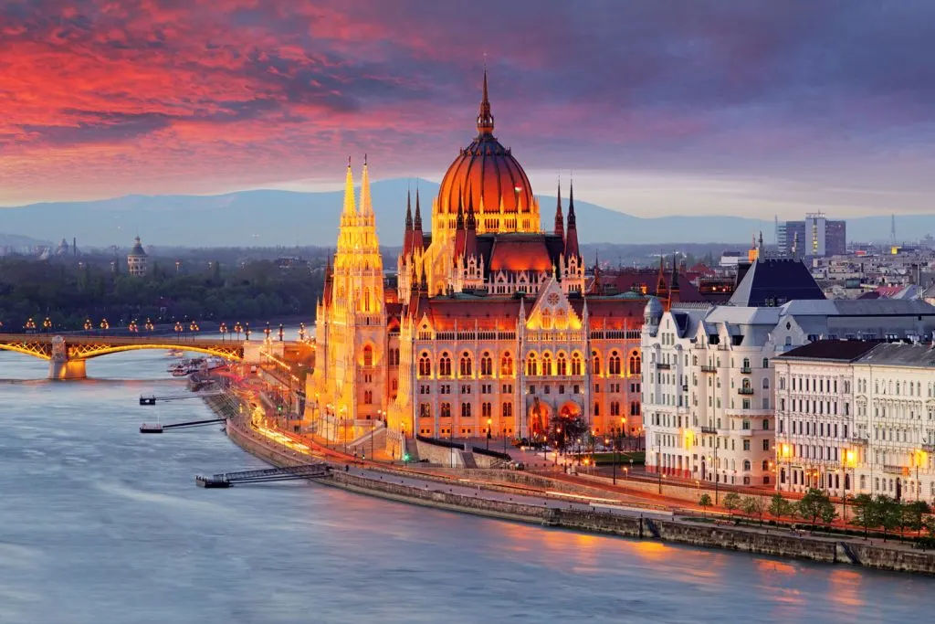 Budapest view of Hungarian parliament at sunset