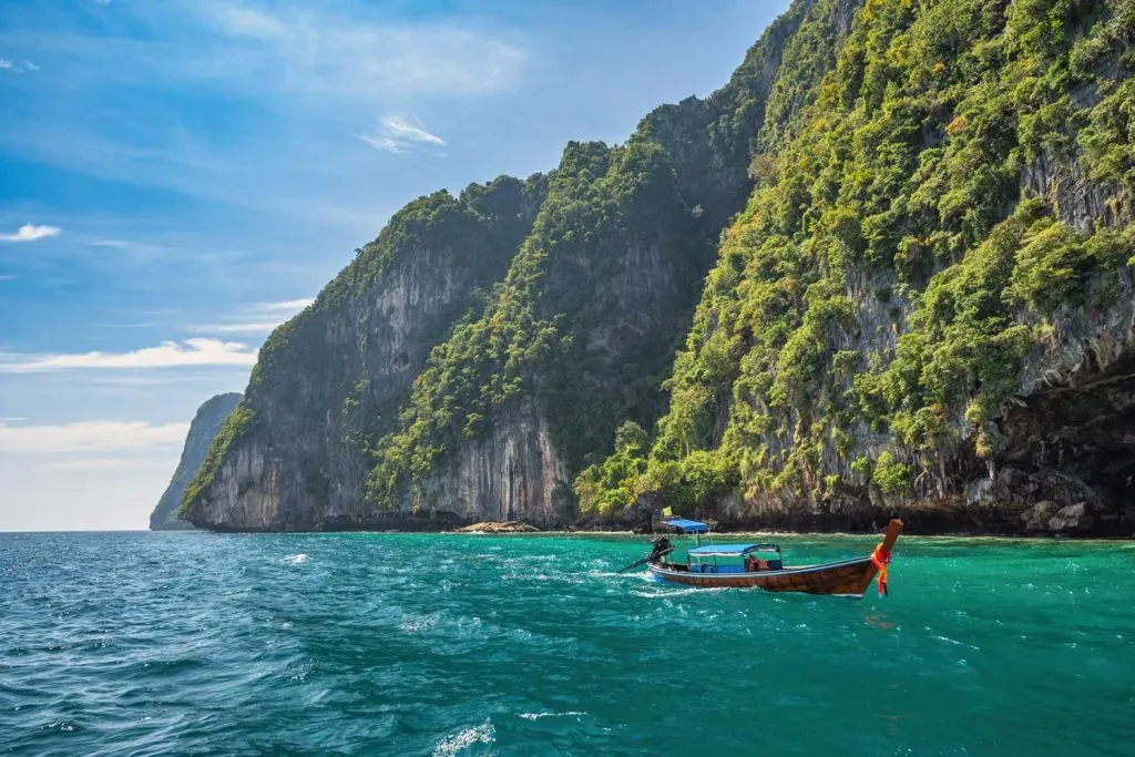 boat and blue water in Krabi, Thailand