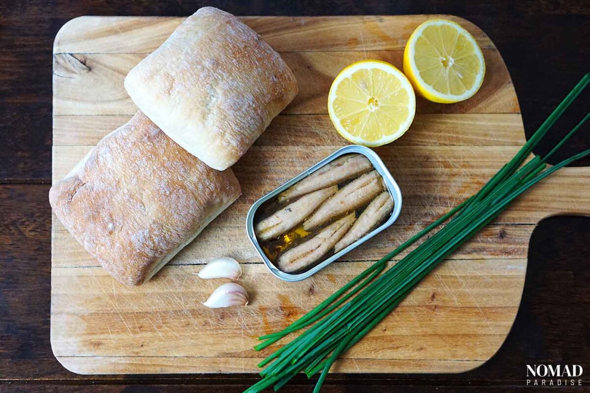 Portuguese Canned Sardines Recipe with Chives, Olive Oil, and Bread