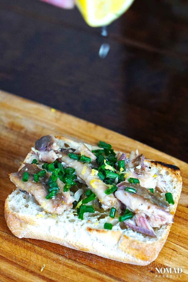 Portuguese Canned Sardines Recipe with Chives, Olive Oil, and Bread