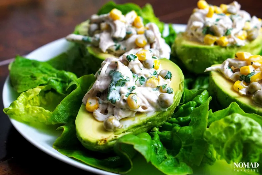 Stuffed avocados on a bed of lettuce