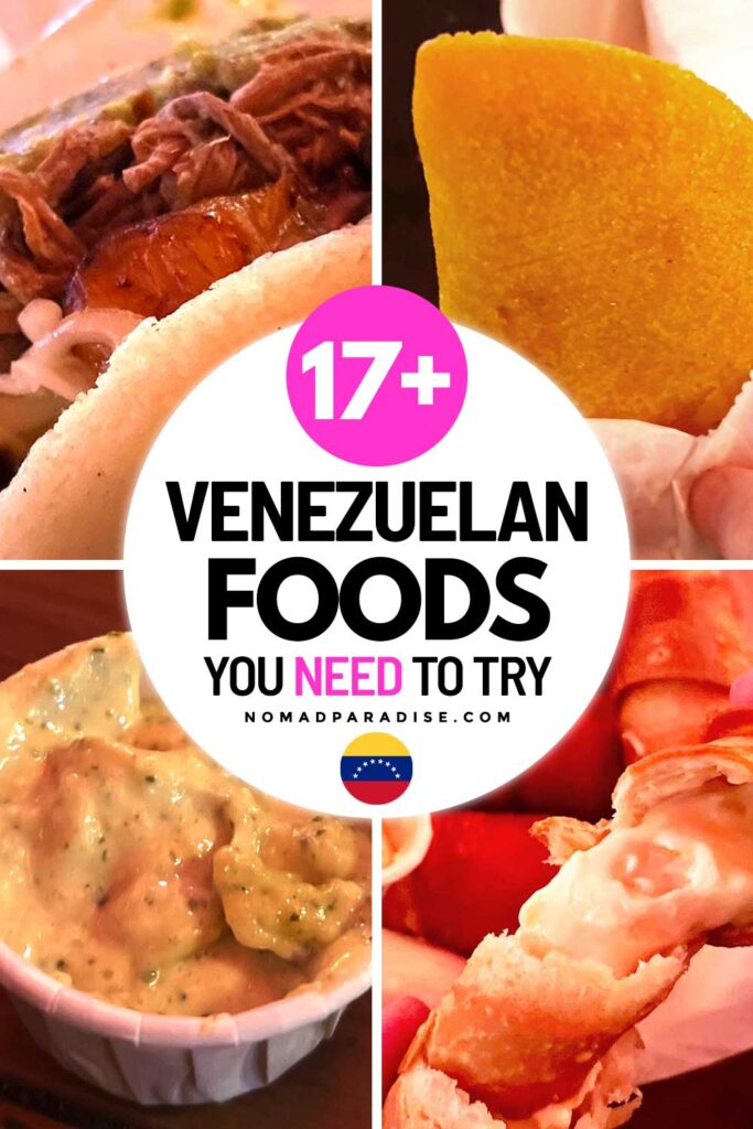Venezuelan foods to try (pin featuring tequenos, arepas, and empanadas).