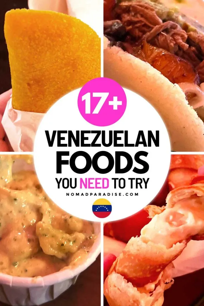 Venezuelan foods to try (pin featuring tequenos, arepas, and empanadas).