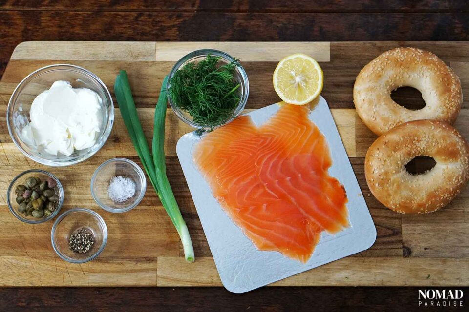 Smoked Salmon Bagel Recipe with Capers and Herb Cream Cheese (Bagel and