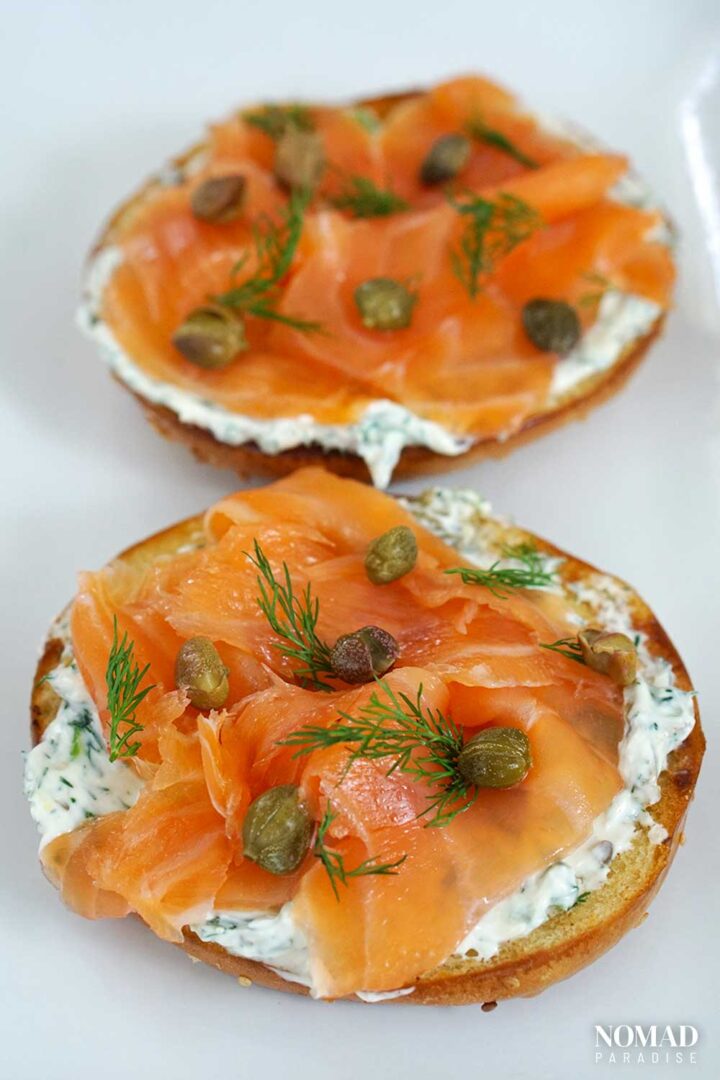 Smoked Salmon Bagel Recipe with Capers and Herb Cream Cheese (Bagel and