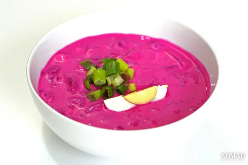 Cold beet soup in a bowl