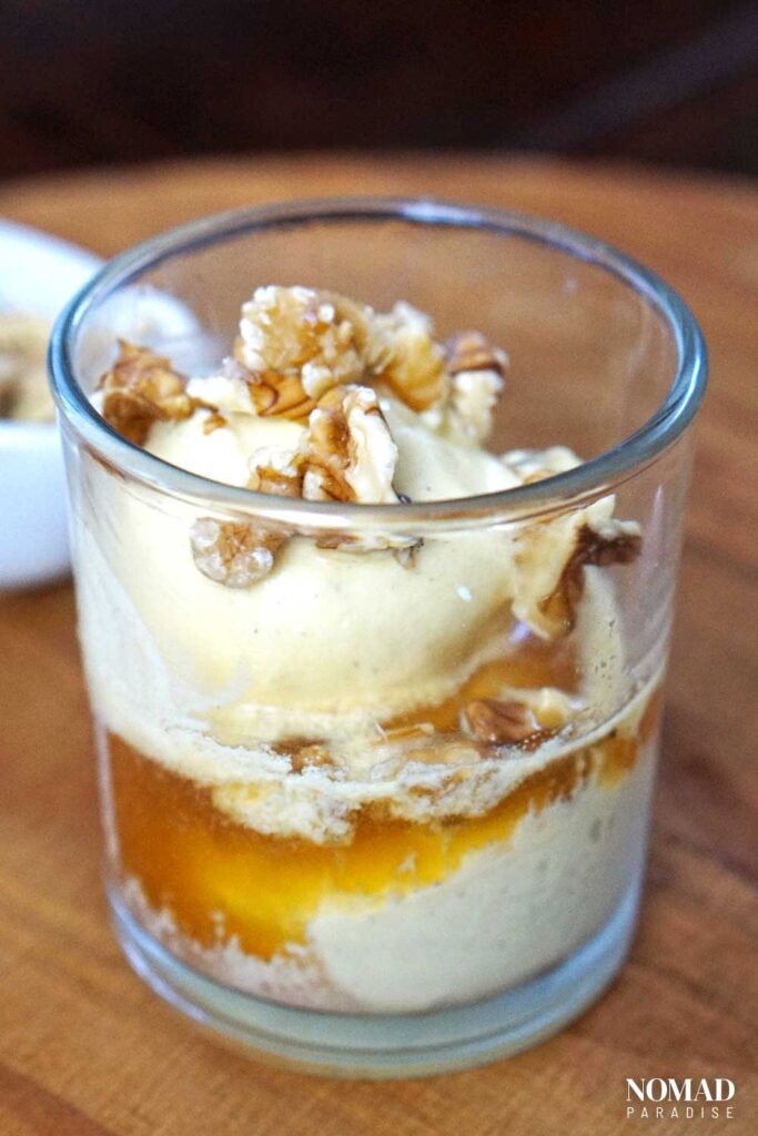 Walnuts topping the ice cream and whisky