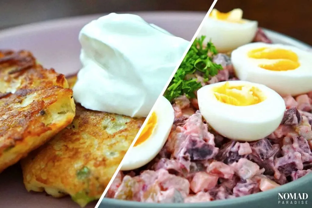 Potato pancakes and rosolje potato and beet salad.