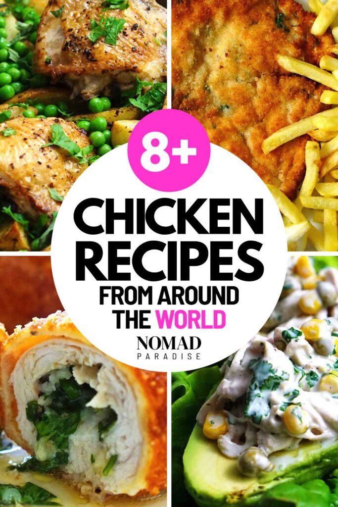 8+ Chicken Recipes (pin featuring chicken milanesa, chicken vesuvio, chicken Kyiv and chicken-stuffed avocado.