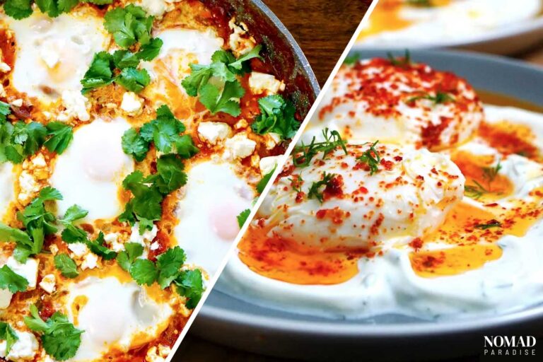 close up shots of shakshuka and Turkish eggs for an egg recipe roundup